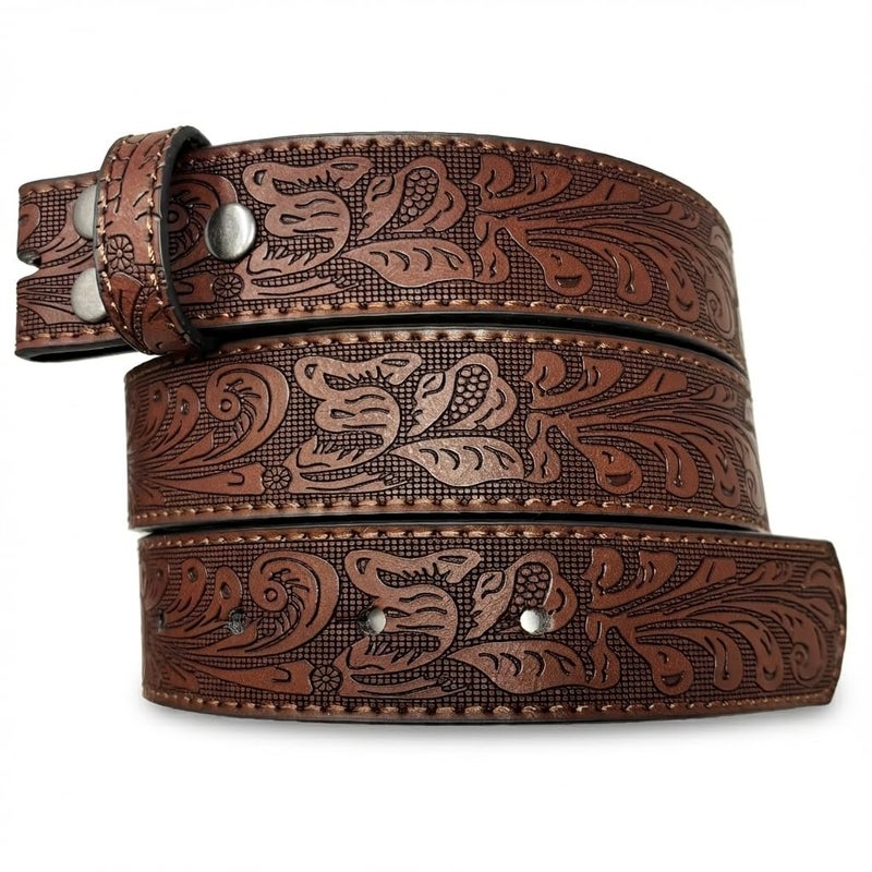 BC Belts حزام جلد نسائي من بي سي بيلتس مع نقوش غربية بارزة بعرض 1.25" مع أزرار (بني-M) - Image 1